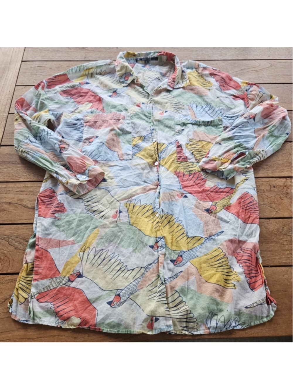 Shoulder Brazil Vibrant Bird Print Button Up Tunic Shirt Size 44 (US L)